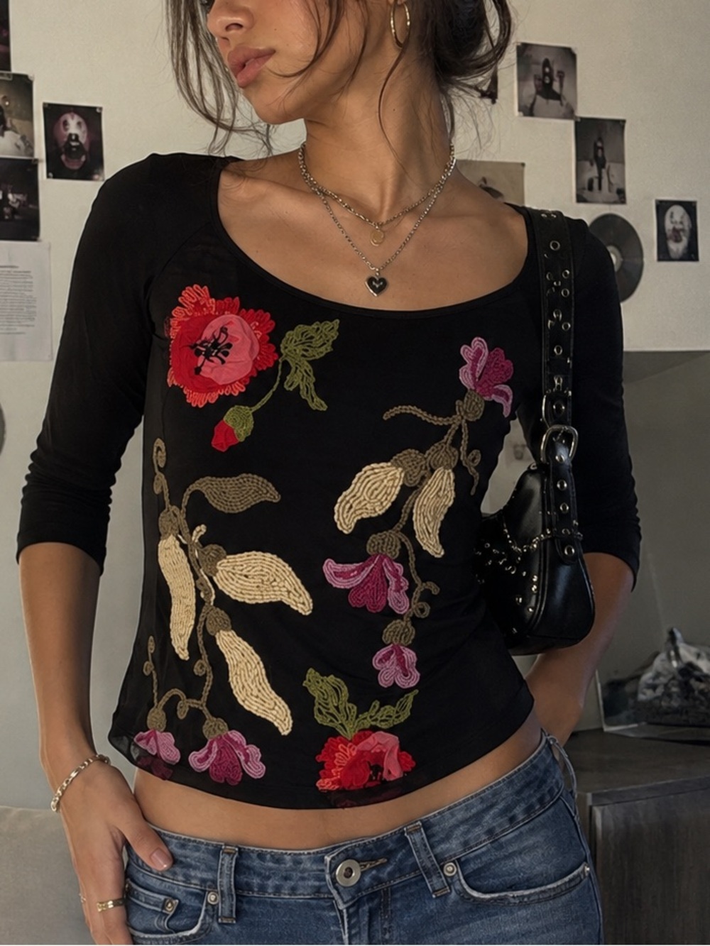 Save The Queen Vintage Y2K Embroidered Floral Black Women’s Top (Size L)